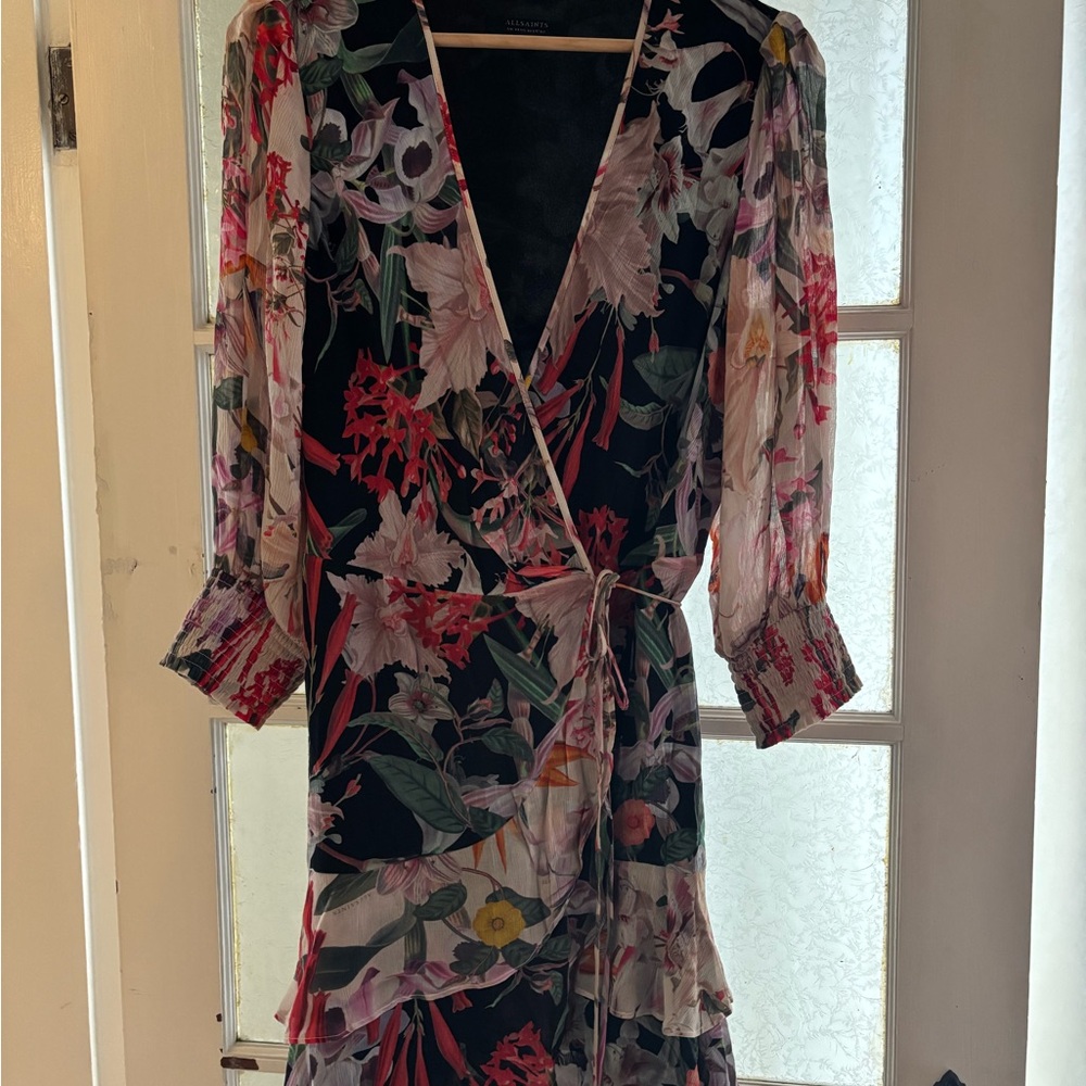 All Saints Pink and Red Wrap Sundress with Bishop Sleeves